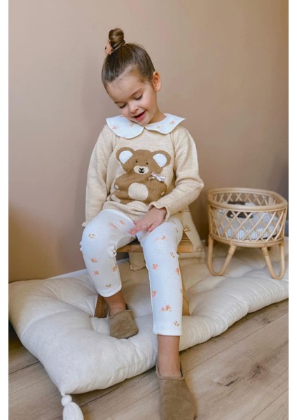 Bear Desenli Triko Yakalı Kız Çocuk 2 li takım - Bej modelleri