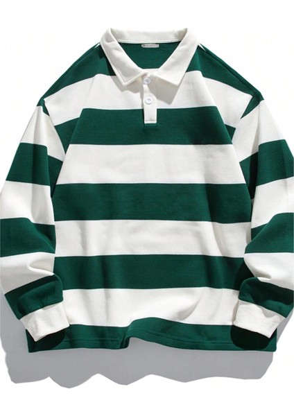 Erkek London Çizgili Şeritli Pamuklu Içi Polarlı Polo Yaka Sweatshirt
