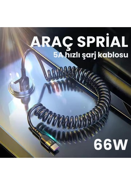 Super Şarj 5A 66W Sprial Type-C Şarj Kablosu Araç Şarj Kablosu Veri Aktarım Kablosu Elastik