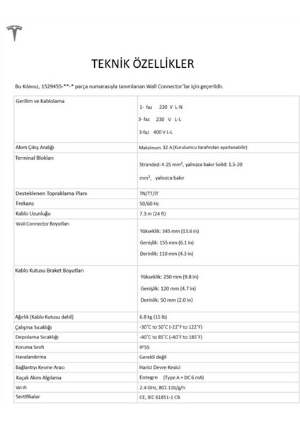 Wall Connector Gen 3 Tip 2 22KW/32A 7,3m Kablolu Elektrikli Araç Şarj İstasyonu