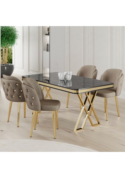 Rigel Serisi 80x130 Lak Panel Siyah Mermer Desen Masa Takımı Gold Ayaklı 4 Sandalye