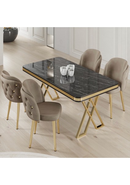 Rigel Serisi 80x130 Lak Panel Siyah Mermer Desen Masa Takımı Gold Ayaklı 4 Sandalye