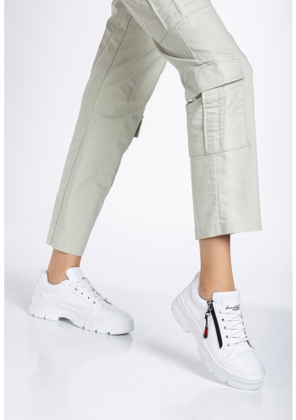 Kadın Beyaz Termo Taban Fermuar Detaylı Bağcıklı Günlük Ayakkabı fiyatları