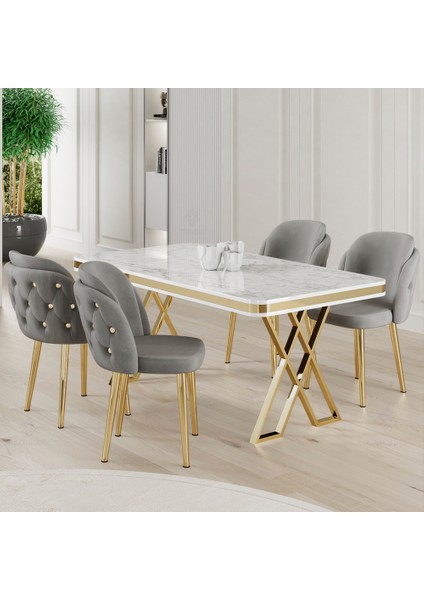 Rigel Serisi 80x130 Lak Panel Beyaz Mermer Desen Masa Takımı Gold Ayaklı 4 Sandalye