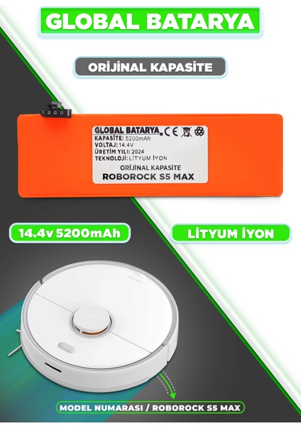 Roborock S5 Max Uyumlu Akıllı Robot Süpürge Bataryası 14.4V 5200MAH Li-Ion Pil ( Kapasite)