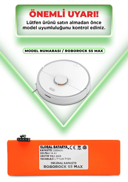 Roborock S5 Max Uyumlu Akıllı Robot Süpürge Bataryası 14.4V 5200MAH Li-Ion Pil ( Kapasite)