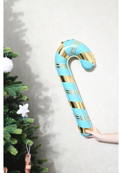 Turkuaz Gold Baston Şeker Folyo Balon Gold Detaylı Baston Şeker Yılbaşı Balonu 73 x 36 cm