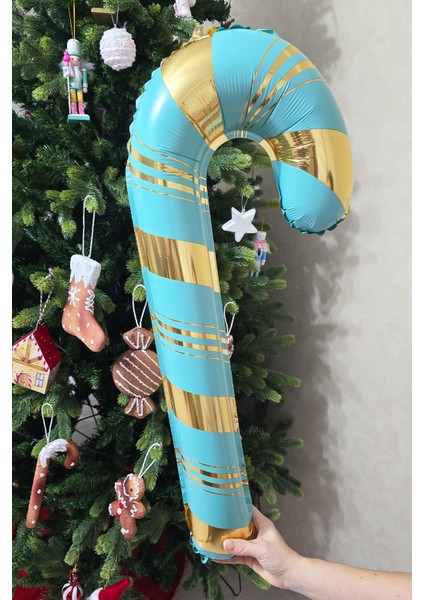 Turkuaz Gold Baston Şeker Folyo Balon Gold Detaylı Baston Şeker Yılbaşı Balonu 73 x 36 cm fiyatları