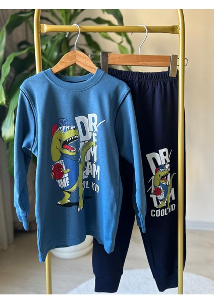 Mavi Dinozor Baskılı Pijama Takımı