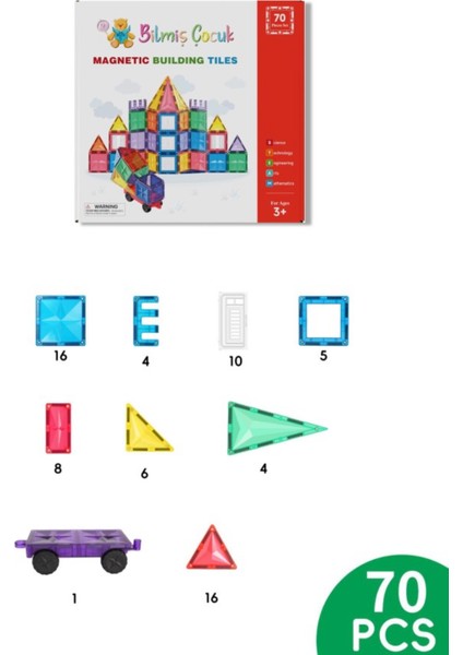 Mıknatıslı Manyetik Pimli Yapı Blokları 1 Araba Parçalı (70 Parça ) Magnetic Tiles Yeni Versiyon modelleri