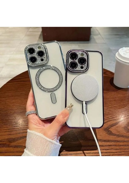 Apple iPhone 11 Uyumlu Simli Kamera Korumalı Magsafe Özellikli Toz Korumalı Silikon Kılıf