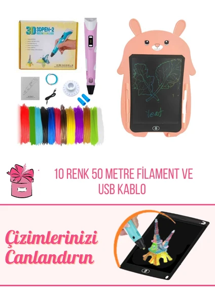 Pembe 3D Pen Üç Boyutlu Yazıcı Kalem ve Grafik Yazı Tableti Set (10 Adet 5 Metre Filament USB Kablo Dahil)