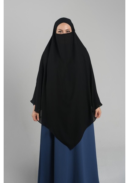 Siyah Pratik Hazır Geçmeli Tesettür Eşarp Krep Bağcıklı Çift Katlı Sufle Hijab 2314_01
