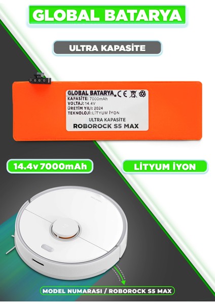 Roborock S5 Max Uyumlu Akıllı Robot Süpürge Bataryası 14.4V 7000MAH Li-Ion Pil (Ultra Kapasite)