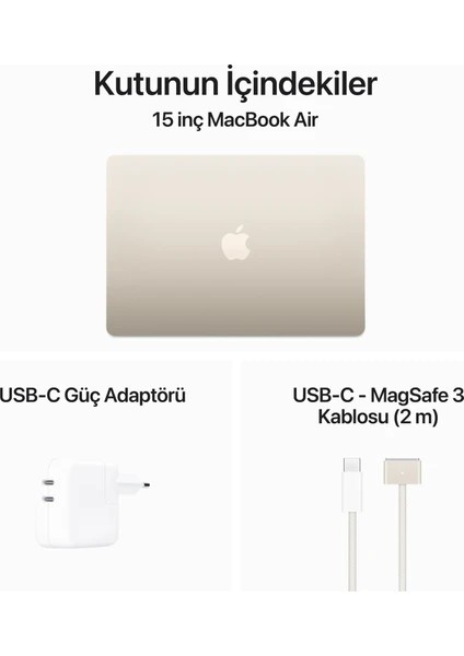 MacBook Air M3 16GB 256GB SSD macOS 15" Taşınabilir Bilgisayar Yıldız Işığı MC9F4TU/A