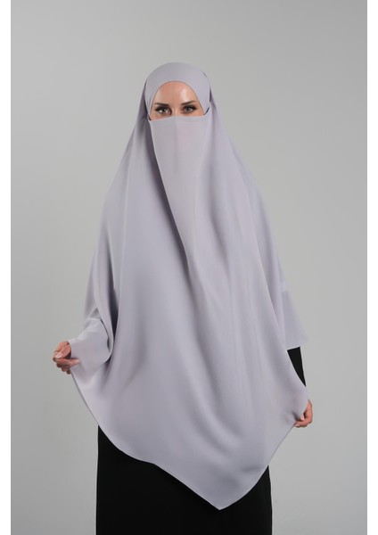 Gri Pratik Hazır Geçmeli Tesettür Eşarp Krep Bağcıklı Sufle Hijab 2313_15