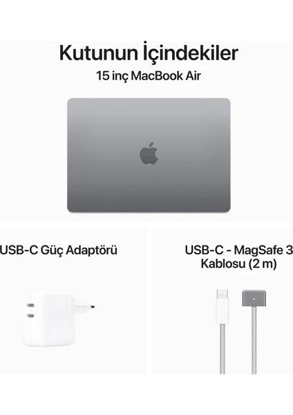 MacBook Air M3 16GB 256GB SSD macOS 15" Taşınabilir Bilgisayar Uzay Grisi MC9D4TU/A