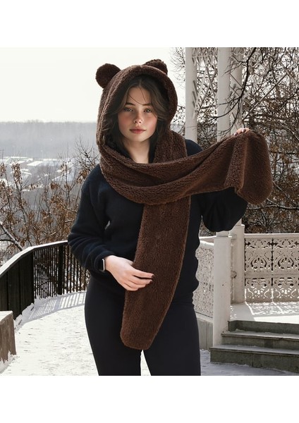 Ayıcı Oyuncak Kapşonlu Welsoft Peluş Bere - Atkılı - Polar Boyunluk Şalı - Rüzgar Geçirmez Kulaklı fırsatları