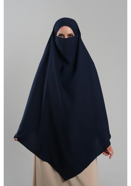 Lacivert Pratik Hazır Geçmeli Tesettür Eşarp Krep Bağcıklı Sufle Hijab 2313_02