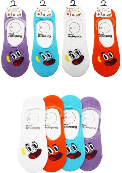 Kadın Babet Çok Renkli Çorap Pamuklu Gülen Yüz Desenli Görünmez Kaydırmaz Topuk Silikonlu 4'lü Paket