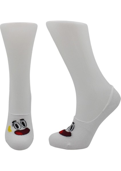 Kadın Babet Çok Renkli Çorap Pamuklu Gülen Yüz Desenli Görünmez Kaydırmaz Topuk Silikonlu 4'lü Paket indirimleri