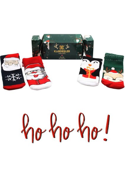 Çoçuk Havlu Yılbaşı Noel Christmas Çok Renkli Desenli Soket Çorap 4'lü Paket Premium Kutulu