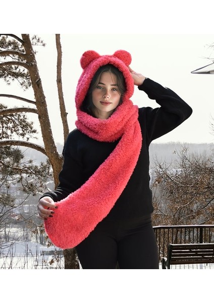 Ayıcı Oyuncak Kapşonlu Welsoft Peluş Bere - Atkılı - Polar Boyunluk Şalı - Rüzgar Geçirmez Kulaklı