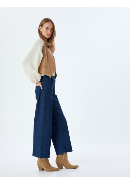 Yüksek Bel Geniş Paça Kot Pantolon Düğme Detaylı Culotte Jeans