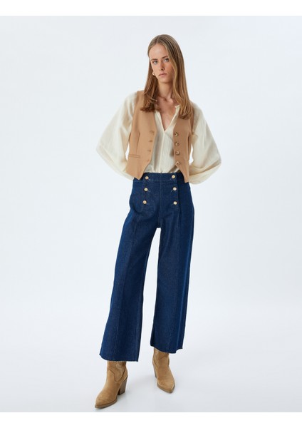 Yüksek Bel Geniş Paça Kot Pantolon Düğme Detaylı Culotte Jeans fiyatları