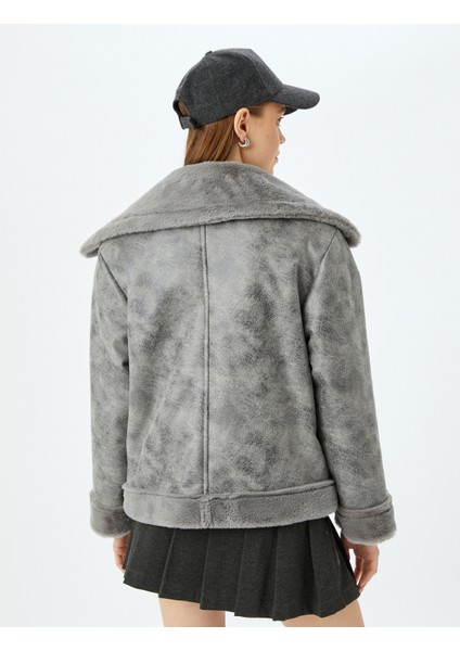 Suni Kürk Yaka Fermuarlı Cep Detaylı Astarlı Deri Görünümlü Ceket fırsatları