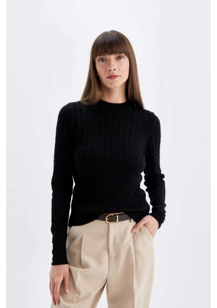 X7713 Regular Fit Bisiklet Yaka Saç Örgülü Düğmeli Siyah Triko Kazak fırsatları