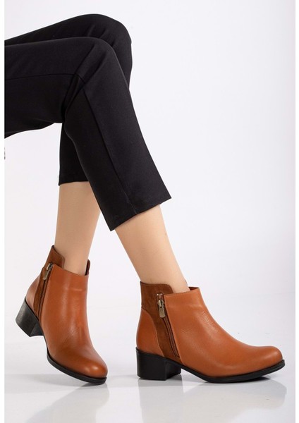 Kadın Deri Nubuk Detaylı Kısa Topuklu Bilek Bot - Taba