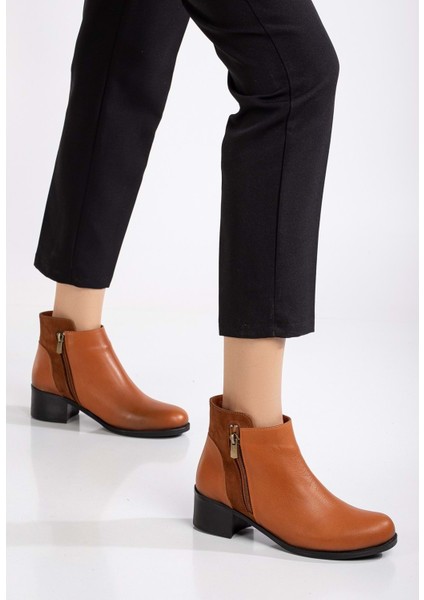 Kadın Deri Nubuk Detaylı Kısa Topuklu Bilek Bot - Taba fiyatları