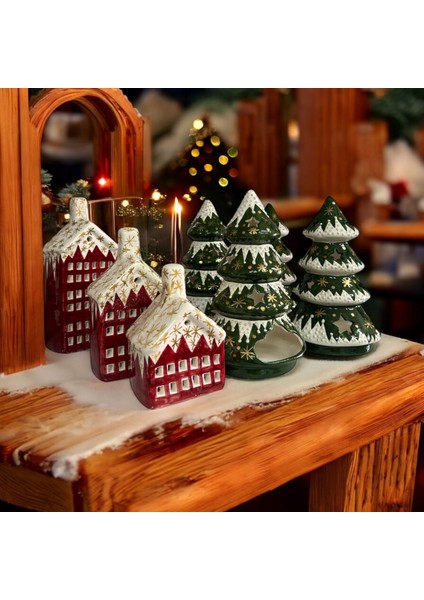Yılbaşı Mumluk Handmade Çini Mumluk Noel Hediyelik Ev Takım 3 Lü Mumluk Kırmızı Çini Tasarım Noel Mumluk