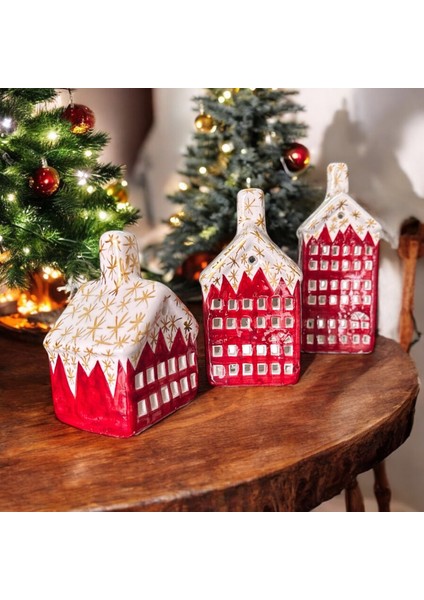 Yılbaşı Mumluk Handmade Çini Mumluk Noel Hediyelik Ev Takım 3 Lü Mumluk Kırmızı Çini Tasarım Noel Mumluk modelleri