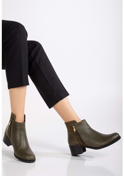 Kadın Deri Nubuk Detaylı Kısa Topuklu Bilek Bot - Haki