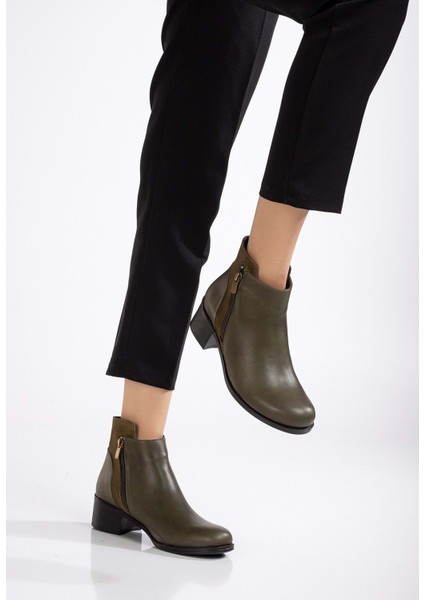 Kadın Deri Nubuk Detaylı Kısa Topuklu Bilek Bot - Haki fiyatları