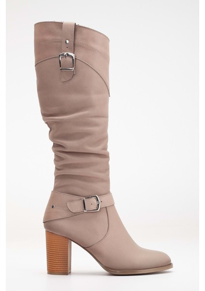 Kadın Hakiki Deri Körüklü Toka Detaylı Topuklu Çizme - Taş modelleri