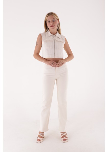 Fermuarlı Mini Kot Crop Gömlek