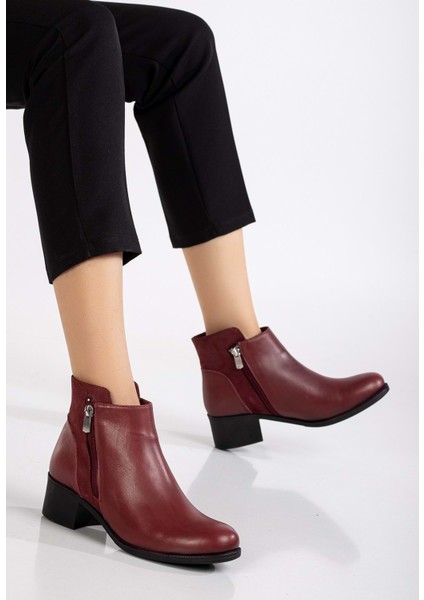 Kadın Deri Nubuk Detaylı Kısa Topuklu Bilek Bot - Bordo