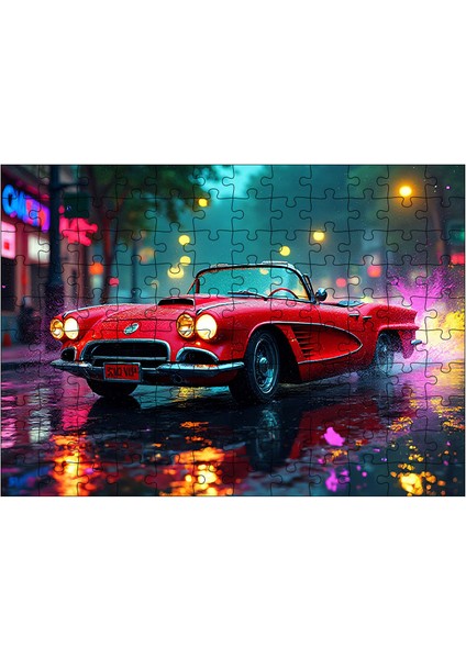 Ahşap Mdf Puzzle Yapboz Kırmızı Klasik Spor Araba Gece 120 Parça 25*35 cm