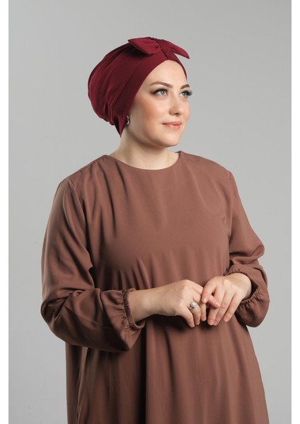 Bordo Pratik Hazır Geçmeli Fiyonklu Bone Sandy Çift Taraflı Çapraz 3007B_16