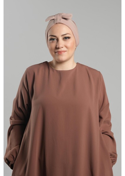 Bej Pratik Hazır Geçmeli Fiyonklu Bone Sandy Çift Taraflı Çapraz 3007B_12