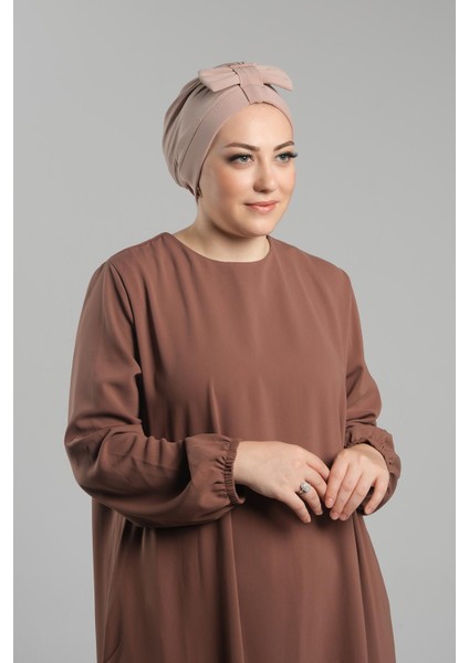 Bej Pratik Hazır Geçmeli Fiyonklu Bone Sandy Çift Taraflı Çapraz 3007B_12