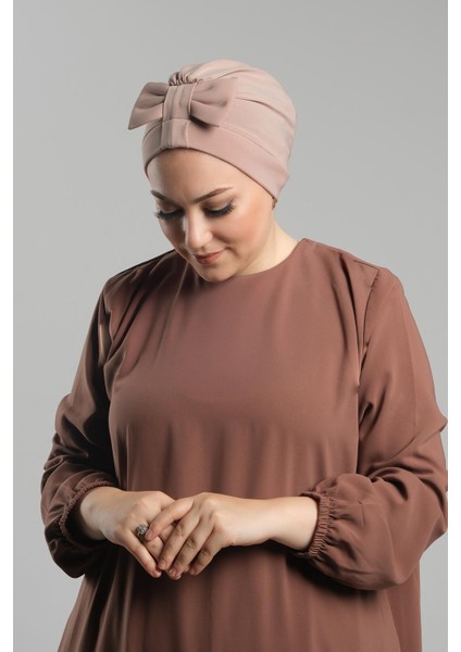 Bej Pratik Hazır Geçmeli Fiyonklu Bone Sandy Çift Taraflı Çapraz 3007B_12