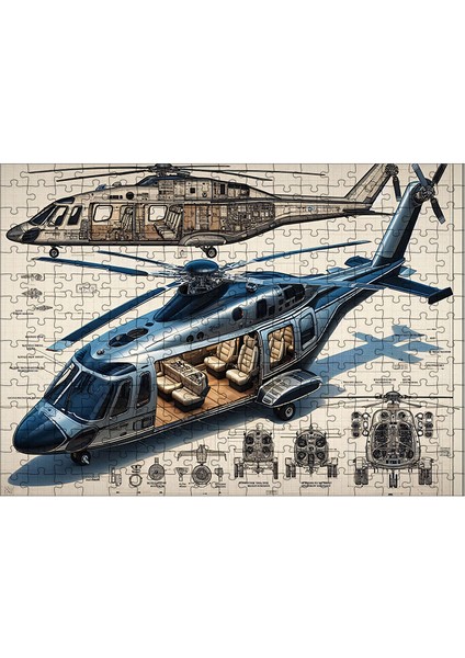 Ahşap Mdf Puzzle Yapboz Helikopter Teknik Çizimi 255 Parça 35*50 cm