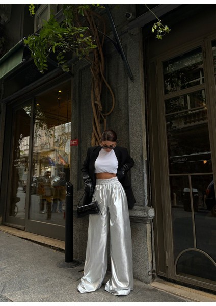 Lymens Fashion Bel Bağcıklı Parlak Gümüş Palazzo Pantolon - Göz Alıcı Tasarım modelleri