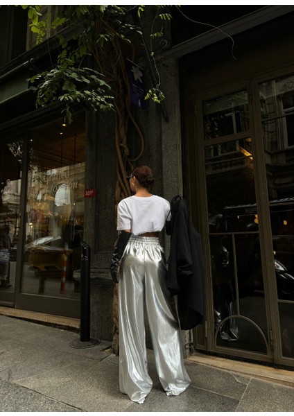 Lymens Fashion Bel Bağcıklı Parlak Gümüş Palazzo Pantolon - Göz Alıcı Tasarım indirimleri