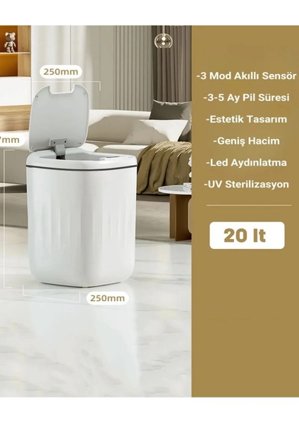 Sensörlü Çöp Kovası Mutfak Banyo Ofis 20L Uv Işık Antibakteriyel Koku Geçirmez Ergonomik Tasarımlı