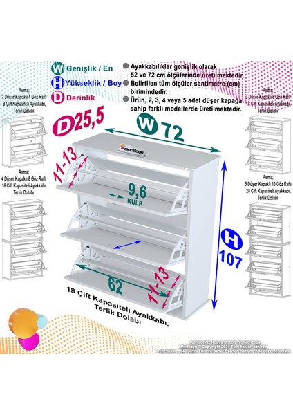 Modilayn Varbi Asma Kapı Önü 72 x 107 x 25,5 Cm’ Lik 3 Düşer Kapak 6 Göz Bölmeli Ayakkabılık